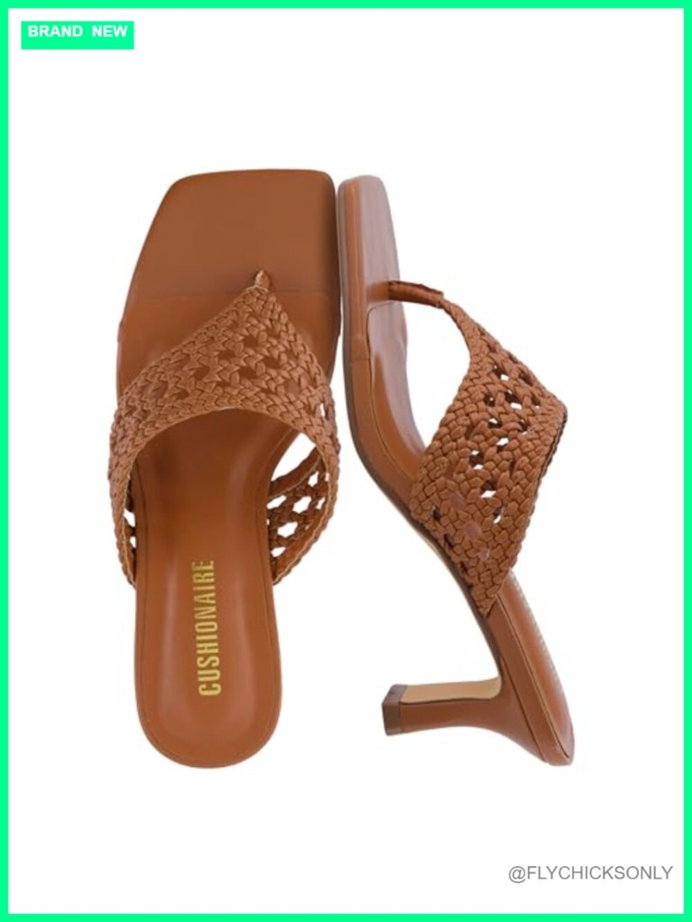 Spryte Flared Kitten Heels Square Toe Thong Sandals Woven Strap Mule